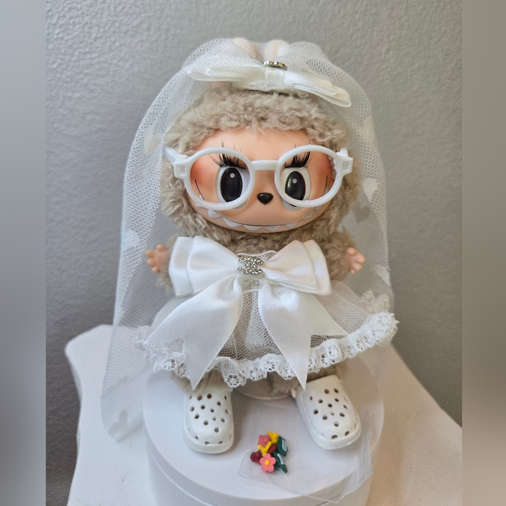 Wedding Dress Fir Labubu with Glasses,  Veil And Shoes.
